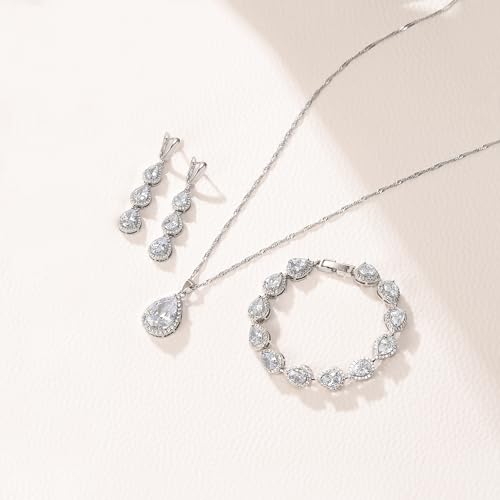 Crysdue Cubic Zirconia Teardrop Pendant Necklace Long Earrings Tennis Bracelet Set, Sparkle Classic Prom Wedding Jewelry Set for Women Brides Bridesmaid