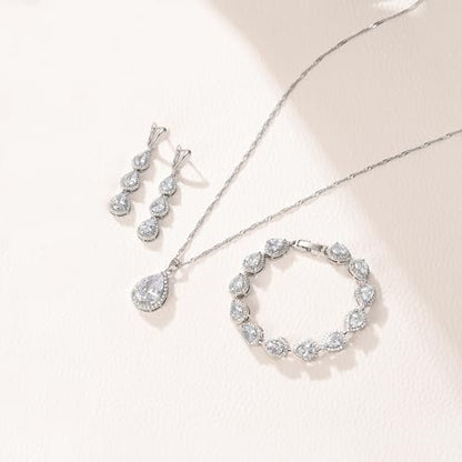 Crysdue Cubic Zirconia Teardrop Pendant Necklace Long Earrings Tennis Bracelet Set, Sparkle Classic Prom Wedding Jewelry Set for Women Brides Bridesmaid