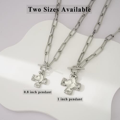 Chunky Cross Necklace for Women Trendy 14K Gold Silver Plated Statement Big Cross Pendant Paperclip Chain Charm Necklaces Religious Faith Easter Basket Stuffers Baptism Costume Jewelry Gift - color: White Gold-Toggle-0.8 inch pendant