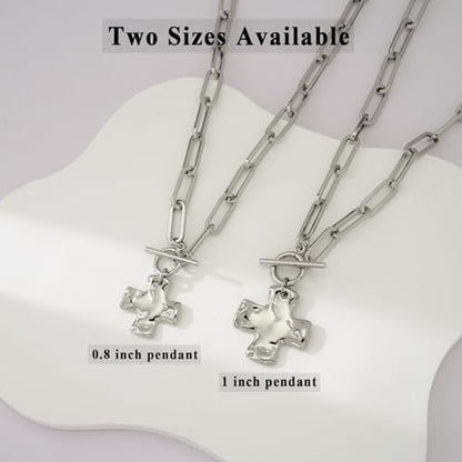 Chunky Cross Necklace for Women Trendy 14K Gold Silver Plated Statement Big Cross Pendant Paperclip Chain Charm Necklaces Religious Faith Easter Basket Stuffers Baptism Costume Jewelry Gift - color: White Gold-Toggle-0.8 inch pendant