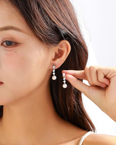 Pearl Earrings for Women, 14k Gold Plated Trendy Diamond Pearl Drop Earrings Bridal Shower Gifts Wedding jewelry for Women - color: Style F Silver