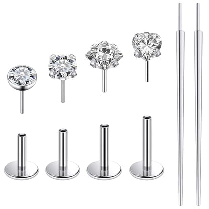 Ruifan Titanium Flat Back Lip Rings Threadless Push in Earrings Studs Nose Rings 20G 18G 16G Round Heart Square CZ Tragus Cartilage Lobe Rook Helix Conch Labret Medusa Piercing Jewelry for Women Men - color: Clear CZ, size: 18G-6/8/10mm