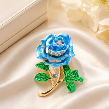 Gradient Purple Rose Flower Brooch Enamel Crystal Floral Lapel Pin Gold Tone Elegant Brooch for Women Suit Coat Scarf Accessory - color: Blue