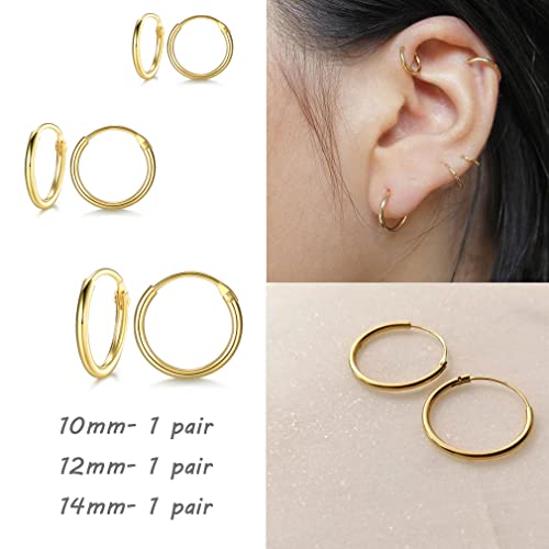 EPIRORA Sterling Silver Hoop Earrings for Women Men, Hypoallergenic Cartilage Earring Endless Small Hoop Earrings Set, 3 Pairs Tragus Earrings (8mm/10mm/12mm) - style: 12# 3 Pairs(10/12/14mm)-Gold