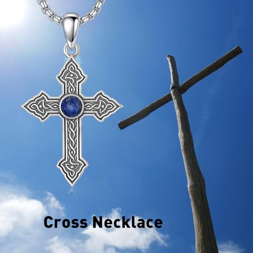 Cross Necklace for Men Women 925 Sterling Silver Cross Pendant Necklace Christian Religious Jewelry Gifts for Anniversary - color: 9-Celtic cross Lapis Lazuli