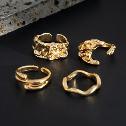 4Pcs Irregular Wavy Open Rings Minimalist Gold Silver Tone Jewelry for Men - color: A Gold
