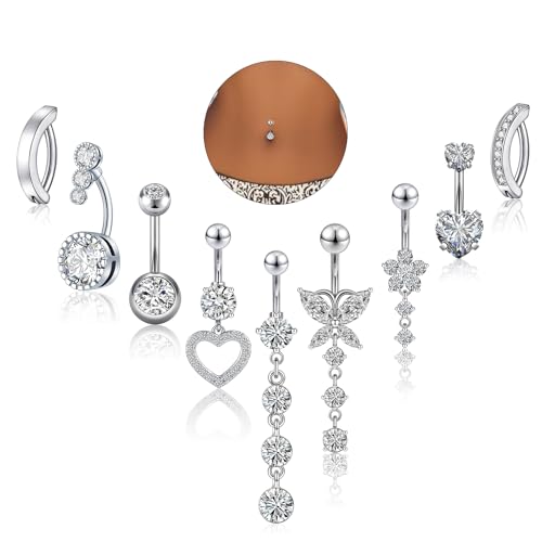 9PCS Belly Button Ring Dangle Stainless Steel Belly Rings 14G 1.6MM Belly Piercing Cute Navel Ring Piercing Jewelry Belly Ring for Women - color: 9PC Silver Set