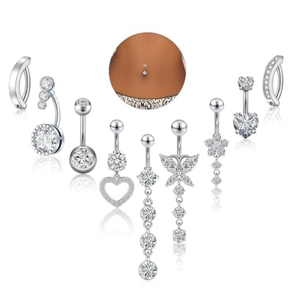 9PCS Belly Button Ring Dangle Stainless Steel Belly Rings 14G 1.6MM Belly Piercing Cute Navel Ring Piercing Jewelry Belly Ring for Women - color: 9PC Silver Set