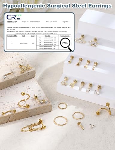 ORAZIO 16 Gauge Cartilage Earrings for Women-Hypoallergenic Surgical Stainless Steel Tragus Earring Set Threadless Flat Back Earrings Push in Nose Studs Daith Conch Tragus Helix Piercing Jewelry - color: Gold Tone