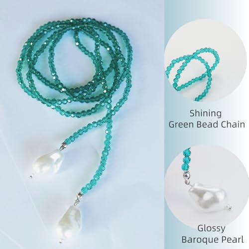 Crystal Beaded Lariat Necklace with Baroque Pearl Drops, Adjustable Y-Shaped Wrap Choker, Elegant Layered Chain Jewelry for Women Daily & Formal Wear - color: green