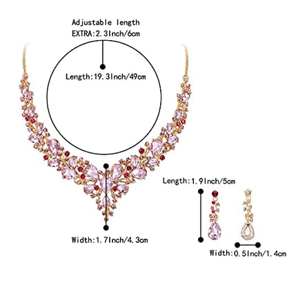 Women's Wedding Statement Necklace Dangle Earring Jewelry | Austrian Crystal Teardrop Cluster,Necklaces Earrings Set for Bride Bridesmaid,Prom Accessories - color: 20-Pink Gold-Plated-Base