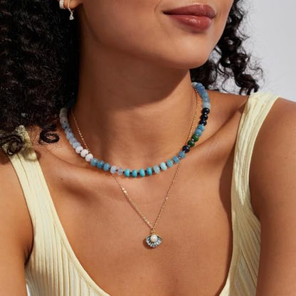 KissYan Beaded Gemstone Necklaces for Women | Colorful Bead Natural Stone Choker with 14K Gold Plated Spring Ring Clasp, Handmade Knot Jewelry for Summer Beach - color: E-Blue & Green