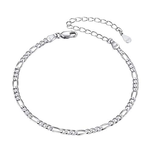 ChainsHouse Ankle Bracelets for Women, Stainless Steel Beaded Chain Ankle Bracelet, Womens Heart Anklets for Summer Beach Jewelry Gifts - color: D: figaro-3mm-sterling silver