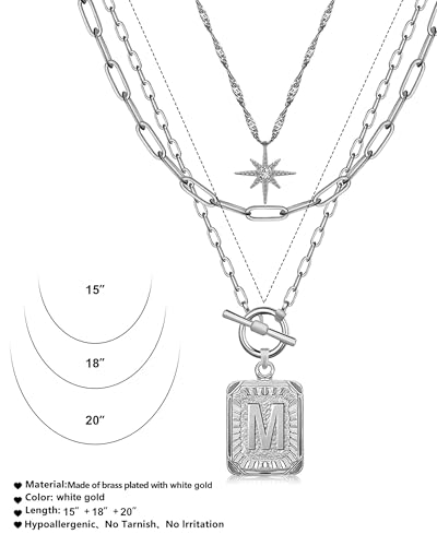 MJartoria Layered Initial Necklaces for Women | 14K Gold Plated Brass, Star Choker, Square Letter Pendant, Paperclip Chain - color: Silver, style: M