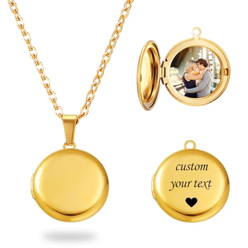 PHOCKSIN Personalized Locket Necklace for Women Photo Necklace with Customized Picture Birth Flower Birthstone Customizable Birthday Gifts - color: #16-Round Gold