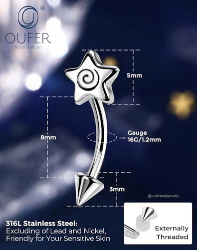 OUFER 16G Spiral Star Rook Piercing Jewelry Spike Curved Barbell Eyebrow Earrings 316L Surgical Stainless Steel 8mm Lip Tragus Helix Piercing Jewelry for Women Men