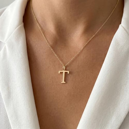 14K Solid Gold Initial Letter Charm Pendant for Women - Personalized Block Letter Add On Charm (A to Z All Letters) - color: T