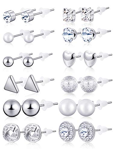 BBTO 24 Pairs Stud Earrings Crystal Pearl Earring Set Ear Stud Jewelry for Women Men - color: Sliver