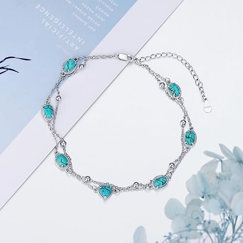 Gemstone Anklet for Women 925 Sterling Silver Gemstone Adjustable Layered Foot Bracelet Jewelry Gifts for Mother Wife