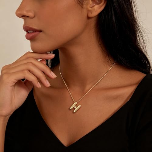 Bubble Letter Necklace for Women, 14k Gold Plated Initial Letter Pendant Necklace Personalized Jewelry A - Z 26 letters - style: Gold-M