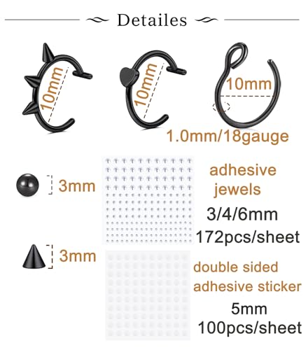 Longita Fake Lip Ring and Nose Piercing Set - Ball Spike, Hoop, Stud, Stick-on Bridge and Eyebrow Ring - Silver, Gold, Black - color: 2-black