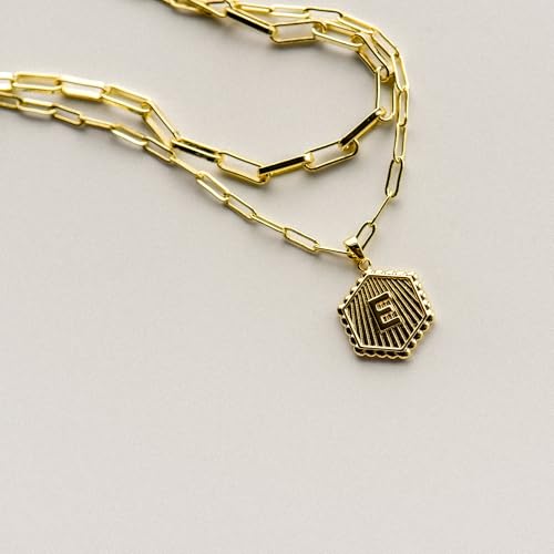 Layered Initial Necklace for Women | Gold Plated Paperclip Chain with Sunburst Hexagon Letter Pendant | Double Layer Alphabet Necklace | Personalized Minimalist Jewelry Gift - color: E