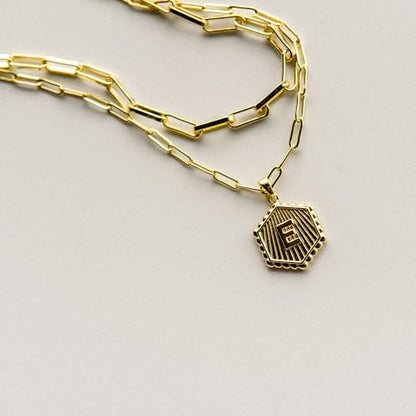 Layered Initial Necklace for Women | Gold Plated Paperclip Chain with Sunburst Hexagon Letter Pendant | Double Layer Alphabet Necklace | Personalized Minimalist Jewelry Gift - color: E