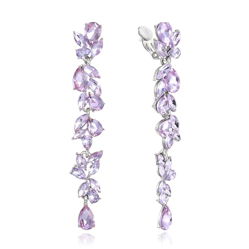 Crysdue Clip On Earrings for Women Rhinestone Crystal Teardrop Cluster Wedding Bridal Non Pierced Long Dangle Earring for Prom Party - color: Light Purple Silver-Tone