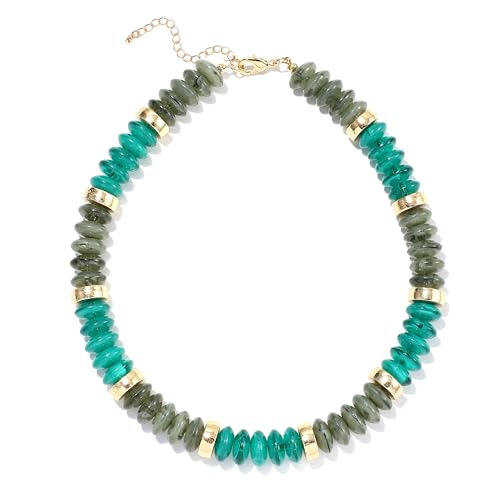 RISHEGAE Chunky Beaded Necklace for Women Boho Resin Beaded Choker Necklace Adjustable Surfer Beach Strand Necklaces Gold Handmade Acrylic Beads Jewelry Gift for Women - color: Style 1dark green