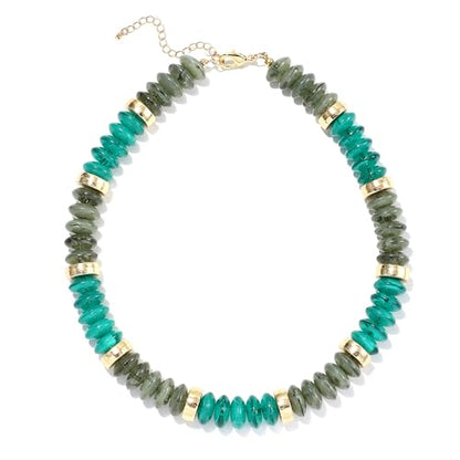 RISHEGAE Chunky Beaded Necklace for Women Boho Resin Beaded Choker Necklace Adjustable Surfer Beach Strand Necklaces Gold Handmade Acrylic Beads Jewelry Gift for Women - color: Style 1dark green