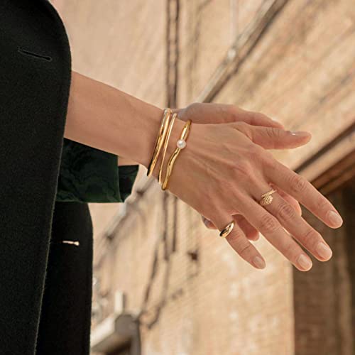 PERNNLA PEARL Dainty Gold Bar Bracelet for Women Simple Delicate Thin Cuff Bangle Hook Bracelet 18K Gold Plated Handmade Minimalist Jewelry - color: 7.Wave