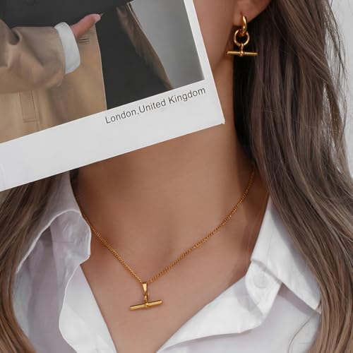 Ailiessy T-Bar Necklace Stainless Steel T-Bar Pendant Necklace for Women Minimalist Jewelry Length 45cm+5cm Chain
