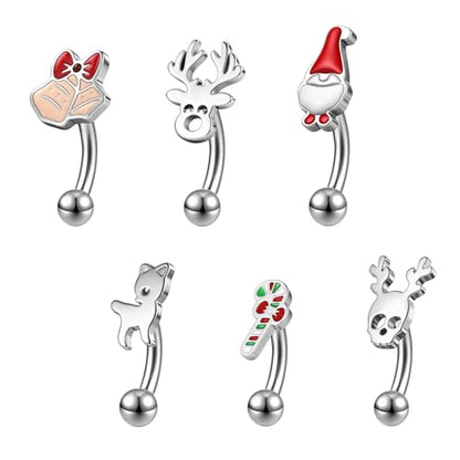 ZS 6Pcs Christmas Rook Piercing Jewelry, 16G Stainless Steel Eyebrow Piercing Jewelry, Santa Claus Elk Bell Eyebrow Rings, Curved Barbells Daith Rook Earrings for Women Men - size: L:6mm