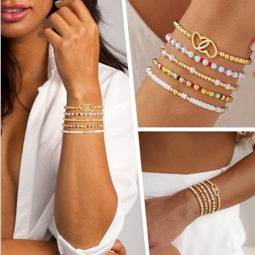 Turandoss 5PCS 14K Gold Plated Beaded Stretch Bracelets Set for Women | Stacked Bow Cross Wave Knot Pearl Beads Bracelet Set, Waterproof 7 Inch Stretch Elastic, Summer Jewelry Gifts for Women Girls - color: 5PCS Heart Beaded Bracelets