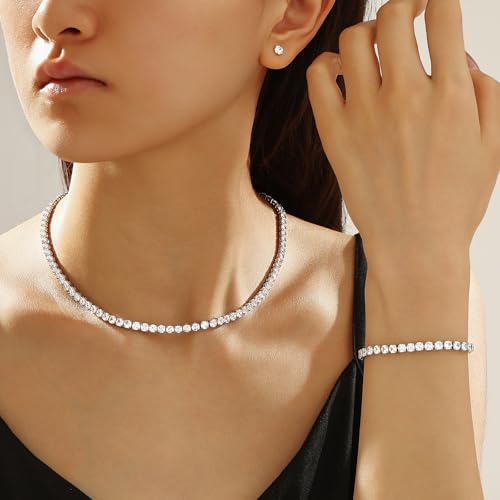 Tennis Jewelry Set for Women 4mm Cubic Zirconia Necklace Bracelet Earring 3Pcs Set Silver Tone Hypoallergenic Iced Out CZ Bridal Accessories Dainty Wedding Party Anniversary Birthday Gift for Her - color: silver 16 inches
