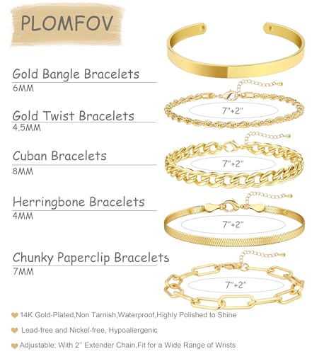 PLOMFOV Gold Bracelets for Women Stack Non Tarnish 14K Gold Plated Chunky Gold Bangles Bracelet Set Beaded Paperclip Chain Cuban Link Dainty Trendy Waterproof Stackable Cuff Bracelets Jewelry Gifts for Women - color: 5Pcs Gold-Cuban Set