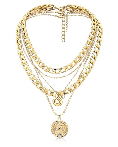 MJartoria Layered Necklaces for Women Trendy Balloon Initial Coin Pendant Necklace Dainty Chunky Chain Choker Necklaces Jewelry Birthday Gifts - color: Gold, style: S