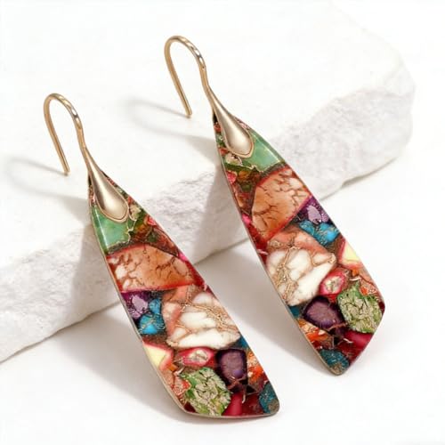 Boho Natural Imperial Jasper Teardrop Dangle Earrings for Women – Hypoallergenic French Hook Stone Drop Earrings Jewelry - color: Colorful Golden Hook