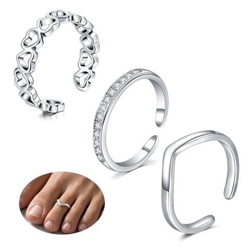 JFORYOU Toe Rings for Women Adjustable Open Toe Rings with Anklet Set CZ Flower Toes Ring for Summer Beach Foot Jewelry - color: 3pcs-silver toe rings Style B