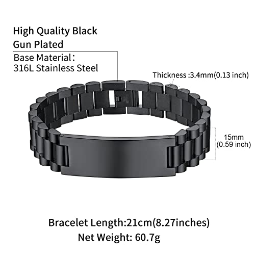 ChainsHouse Men Stainless Steel Bracelet Adjustable Custom ID Engraved Gift | Personalized Silver/Gold/Black for Birthday Father Husband Boyfriend with Gift Box Adjustable Tool 10mm/15mm/15.5mm 8.3"/8.7" - color: R.15mm Width-Black-Text Custom
