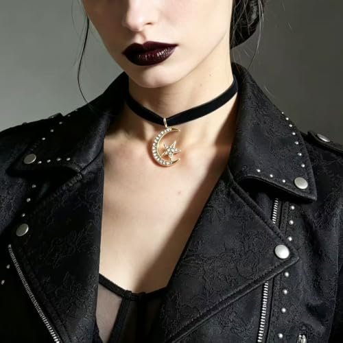 Gothic Moon Star Choker Necklace Black Velvet Choker Necklace Rhinestone Moon Pendant Necklace - color: Black Moon star choker