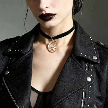 Gothic Moon Star Choker Necklace Black Velvet Choker Necklace Rhinestone Moon Pendant Necklace - color: Black Moon star choker