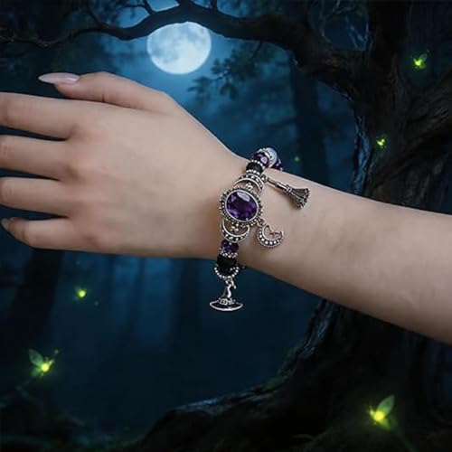 Witch's Crystal Moon Charm Bracelet, Purple Beaded Mystic Witch Jewelry, Mystic Crystal Moon Charm Bracelet, Magical Style - color: 2pcs