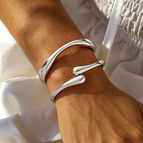Chunky Gold Bangle Bracelets for Women Trendy 14K Gold Plated Cuff Bracelets Stack, Dainty Gold Bracelet Sets Non Tarnish Fashion Jewelry Gift - style: 2pcs-Silver-WaveTwinDrop