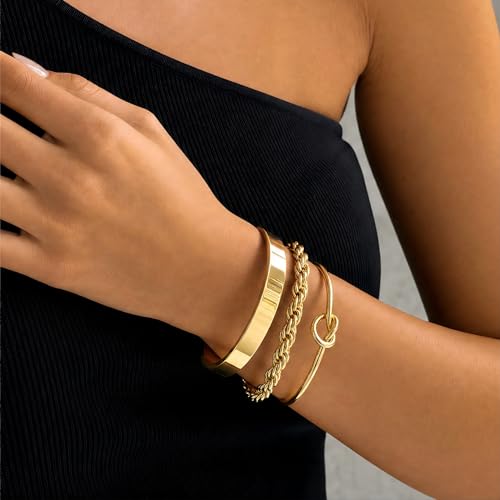925 Sterling Silver Bracelets for Women Stack, Trendy Tennis Bangle Cuff Jewelry Set 14K Gold Plated, Adjustable Bracelet Set for Wrist Essentials, Women Fashion Watch Band Acecessories - style: Bracelet_3pcs(Gold Bangle Set)