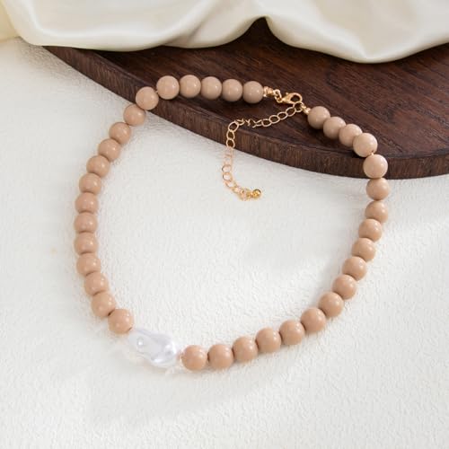 Colorful Faux Baroque Pearl Resin Beaded Choker Necklace Summer Tropical Jewelry for Women - color: Khaki
