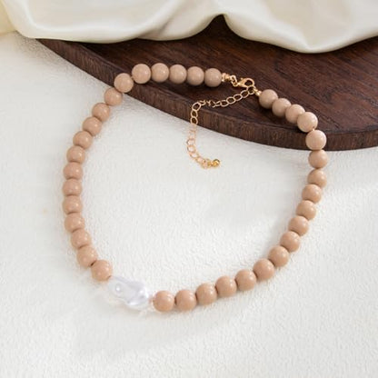 Colorful Faux Baroque Pearl Resin Beaded Choker Necklace Summer Tropical Jewelry for Women - color: Khaki