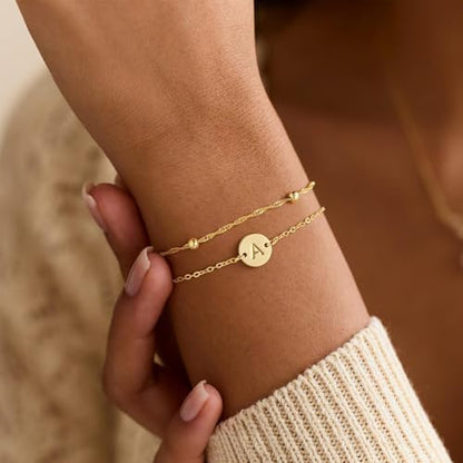 Turandoss Layered Initial Bracelets for Women Girls - Letter A-Z Bracelets | 14K-Gold-Plated Initial Bracelet, Adjustable Layered Bracelet, Bracelets for Teen Girls, Girl Gifts, Birthday Gifts for Women - color: E