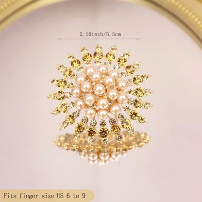 Elegant Big Crystal Ring for Women Gold Stacking Pearl Rhinestone Flower Rings Open Finger Adjustable Crystal Statement Ring Jewelry for Bridal Wedding - color: Crystal 2-gold