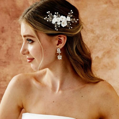 Fancy White Flower Bride Wedding Hair Comb, Handmade Pearl Rhinestone Hair Accessory for Bridal Women (Gold with 5 Flowers) - color: Style 2 (with 5 Flowers)